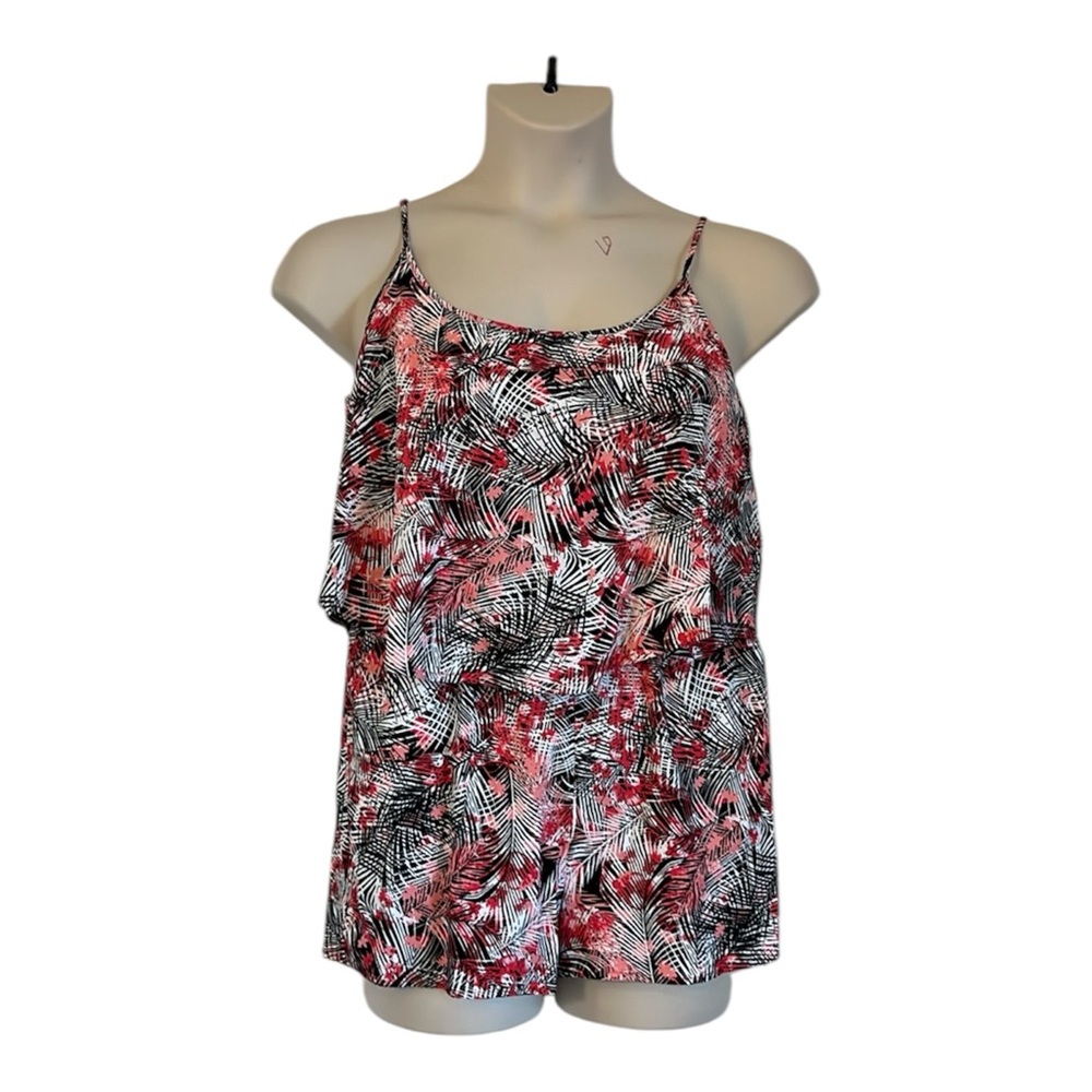 Guess Women’s Black Hawaiian  Print ruffle romper W/Adjustable Straps Size M